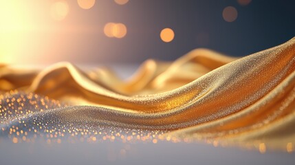 Wall Mural - a close up shot of shimmering gold fabric with a subtle wave pattern, catching the light and creatin