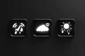 three icons showing different weather conditions: rain, cloudy and sunny