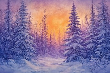 Wall Mural - snow-laden pine forest at twilight, fiery orange sunset piercing through frosty branches, soft purples blending into the sky, evoking a magical winter wonderland.