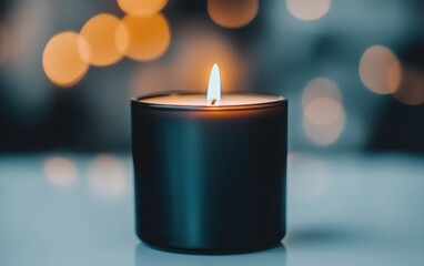Poster - Lit Candle in Dark Teal Jar on Table with Bokeh Background Peaceful Relaxation Mood Lighting Home Decor
