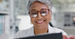 © peopleimages.com - Science, smile and mature woman with tablet for medical study, results or reading online review. Digital app, research and happy scientist in laboratory on internet to check pharmaceutical report.