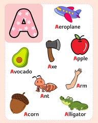 Wall Mural - alphabet chart for kids to learn alphabet letters with cute illustrations.