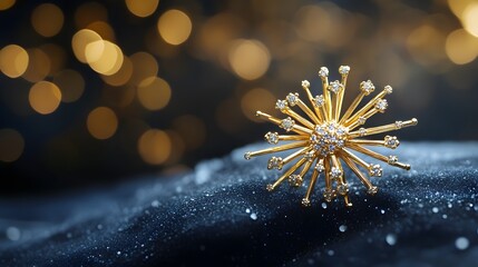 Wall Mural - a celestial starburst pin in gold with tiny embedded diamonds, floating on a deep navy surface