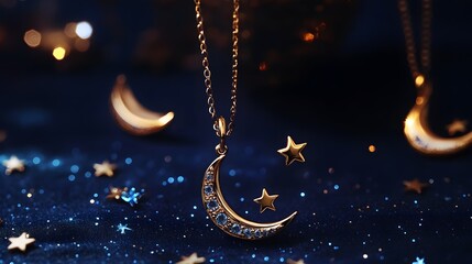 Wall Mural - a celestial-themed jewelry set with gold crescent moons and stars, glowing on a deep navy background
