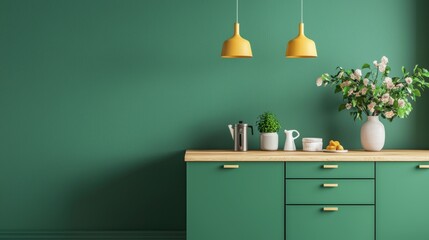 Wall Mural - Green kitchen interior with wooden countertop, flowers, and yellow lamps. Modern kitchen design.