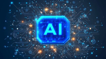 A digital circuit depiction with a shining blue emblem on a dark base, representing progress and innovation in technology
