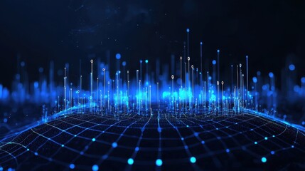 Wall Mural - blue digital landscape with data visualization elements displaying connection points and lines in a 