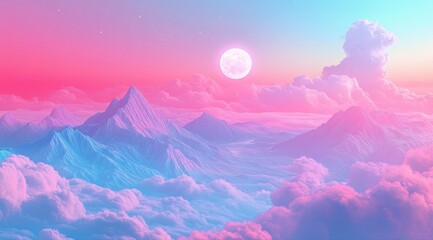 Wall Mural - a beautiful pink and blue sky with a large moon in the middle. the sky is filled with fluffy clouds 