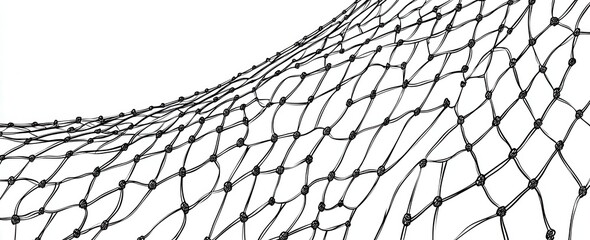A black and white image of a net with many knots. The image has a mood of mystery and intrigue