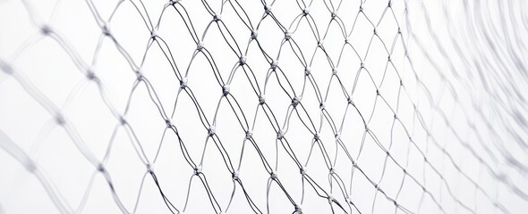 A close up of a net with a white background. The net is made of metal and has a black and white pattern. Concept of structure and order, as the net is neatly arranged and the black