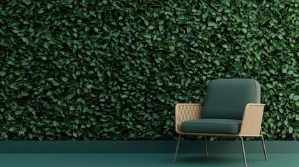 Wall Mural - Green armchair against a wall of green leaves. Interior design concept.