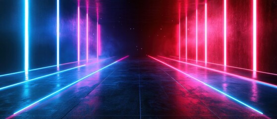 Wall Mural - futuristic neon lit corridor with blue and red glowing lines, abstract scifi interior with concrete 