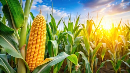 Wall Mural - Lush Corn Cob in a Vibrant Corn Field, corn, field,  corn, field, greenery, rural, harvest,agriculture