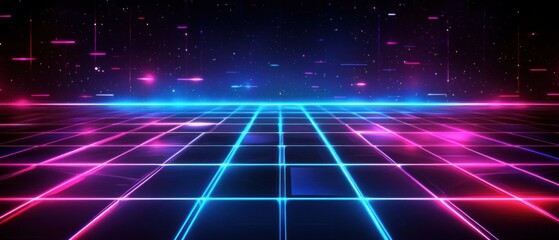 Wall Mural - retro futuristic neon grid landscape with glowing horizon and starry sky concept of virtual reality,
