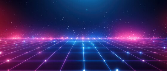Wall Mural - futuristic neon grid landscape with glowing particles in a cyberpunk style, representing technology 