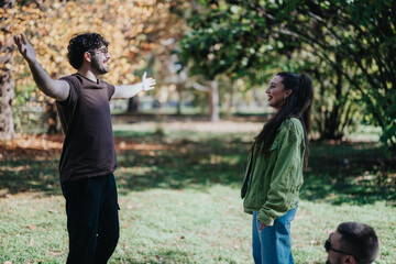 Sticker - Two friends enjoying a cheerful reunion in a sunlit park filled with autumn colors. They are laughing and expressing joy in a vibrant outdoor setting.