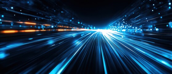 Wall Mural - abstract blue light trails with motion blur, representing high speed data transfer and futuristic te