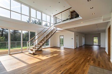 Modern luxury home interior spacious room design wooden floor large windows new area open plan house