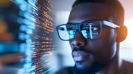 Focused individual wearing glasses, analyzing digital data in a modern workspace, showcasing technology