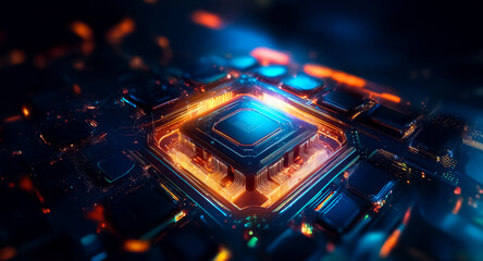 Aufkleber - A vibrant macro view showcases a central processing unit, illuminated with bright orange and blue lights, set against a dark circuit board background.