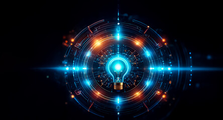Leinwandbilder - Vibrant light bulb illuminates a futuristic cybernetic circle with glowing blue and orange lights against a dark backdrop, symbolizing innovation and digital technology.