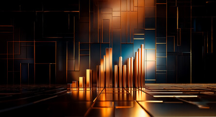 Poster - Golden bar chart with rising columns on a dark geometric metallic surface. Warm light illuminates the scene, creating a sense of progress and futuristic design.