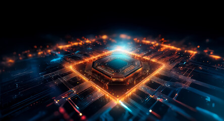 Poster - Glowing square with orange and blue lights on a dark background, resembling a futuristic circuit board or processor.