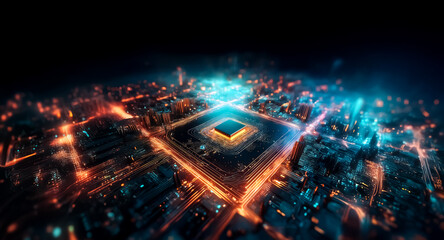 Poster - Futuristic cityscape with a glowing central square. Blue and orange lights illuminate buildings in this digital, tech-themed urban scene.