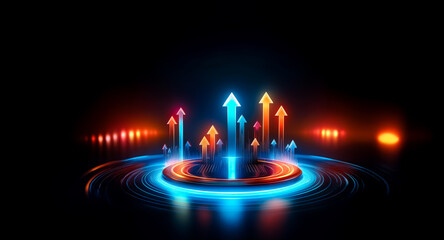 Fototapete - Neon arrows glow and point upwards from a luminous blue circular base, creating a sense of growth and progress against a dark background.