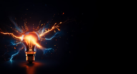 Aufkleber - A glowing light bulb bursts with vibrant orange and blue electrical sparks against a stark black backdrop, symbolizing energy and innovation in a dramatic display.
