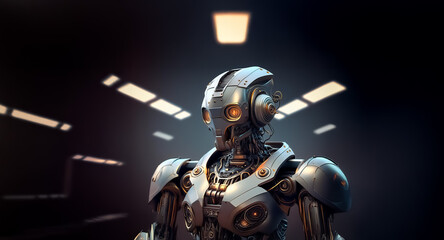 Poster - A metallic robot stands in a futuristic, dimly lit corridor. Rectangular lights illuminate the ceiling, creating a contrast with the dark background and highlighting the mechanical figure.