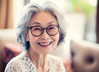 Canvas Print - An Asian senior woman smiling, with a living room background, a light color theme, a bright and clean white space with a blurred background, in a professional photography style, 