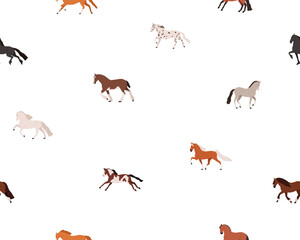 Fototapete - Horse pattern, seamless design. Equine animal print, endless background, texture with tiny thoroughbred stallions in motion, movement poses. Flat vector illustration for textile, wrapping, fabric