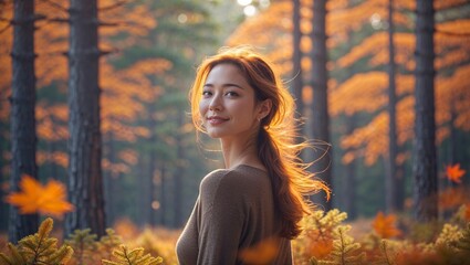 Wall Mural - capturing a joyful moment in an autumn forest with vibrant foliage and warm sunlight
