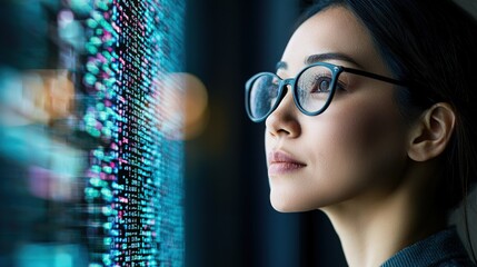 Woman programmer looking at code on a screen.