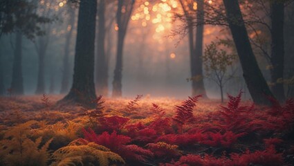 Wall Mural - beautiful forest landscape with colorful ferns and soft morning light during autumn