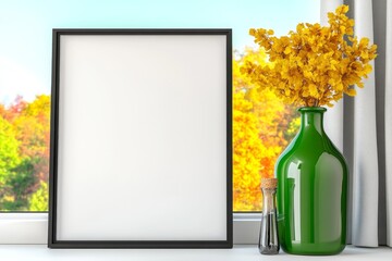 Leinwandbilder - A close-up photo of an empty white picture frame on top of the window sill in front of large windows with light gray curtains. Next to it is a lamp and a bottle. The background outside shows