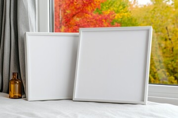 Leinwandbilder - A close-up photo of an empty white picture frame on top of the window sill in front of large windows with light gray curtains. Next to it is a lamp and a bottle. The background outside shows
