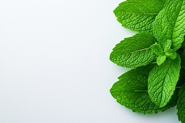 Wall Mural - A flat lay of fresh mint leaves on a white background, symbolizing health and wellness for an Asian skincare product advertisement. The composition is minimalist, with the focus on the greenery,