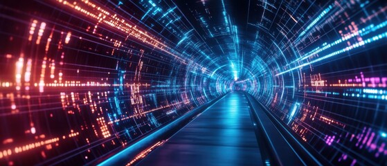 Abstract data tunnel with glowing neon lights, representing digital transformation, artificial intelligence, and futuristic technology
