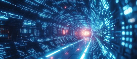 Poster - futuristic data tunnel with glowing blue neon lights, representing digital transformation and highsp