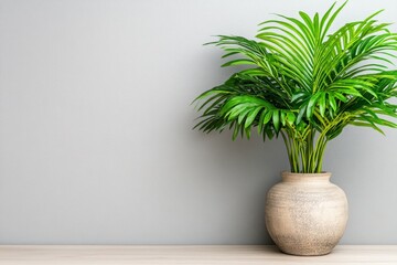 Wall Mural - A light wooden A4 frame mockup is leaning against the wall on a light wood table, with a white background. Next to it is a small vase with a beige-colored palm leaf. This is a side view, flat