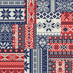 Wall Mural - norwegian traditional knitted snow flakes jacquard patchwork abstract winter textile vector seamless