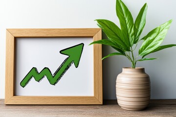 Wall Mural - A light wooden A4 frame mockup is leaning against the wall on a light wood table, with a white background. Next to it is a small vase with a beige-colored palm leaf. This is a side view, flat