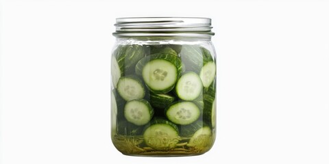 Wall Mural - Jar of freshly made cucumber pickles with a green dill brine, set against a clean white background for easy visibility.