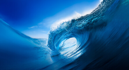 Aufkleber - A powerful wave curls and crashes, showcasing the ocean's raw energy under a bright blue sky. Sunlight pierces through the water, illuminating the dynamic motion of the sea.