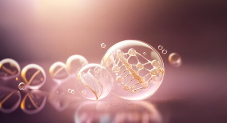Aufkleber - Transparent spheres with golden molecular structures are illuminated by soft pink light, creating a luminous and elegant abstract design.