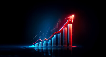 Aufkleber - A vibrant bar chart with a bold red arrow pointing upwards, set against a dark background. The chart and arrow glow with red and blue light, symbolizing positive growth and progress.