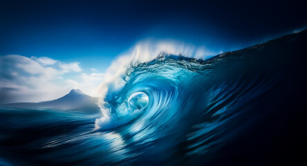Poster - A massive wave surges forward, its turquoise crest illuminated under a sunny blue sky with soft clouds.  A distant mountain peak is visible on the horizon.