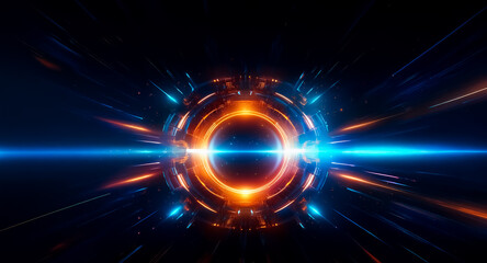 Fototapete - A dynamic, glowing circle bursts with vibrant blue and orange lights against a dark backdrop. Streaks of light radiate outwards, creating a futuristic, energetic effect.